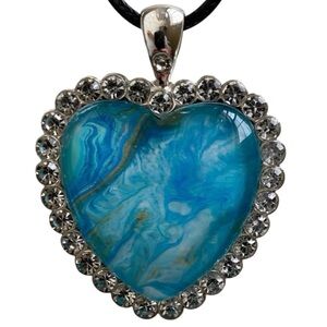 Handmade Blue Fluid Art Heart Rhinestone Pendant Necklace by Svetlana Yeung